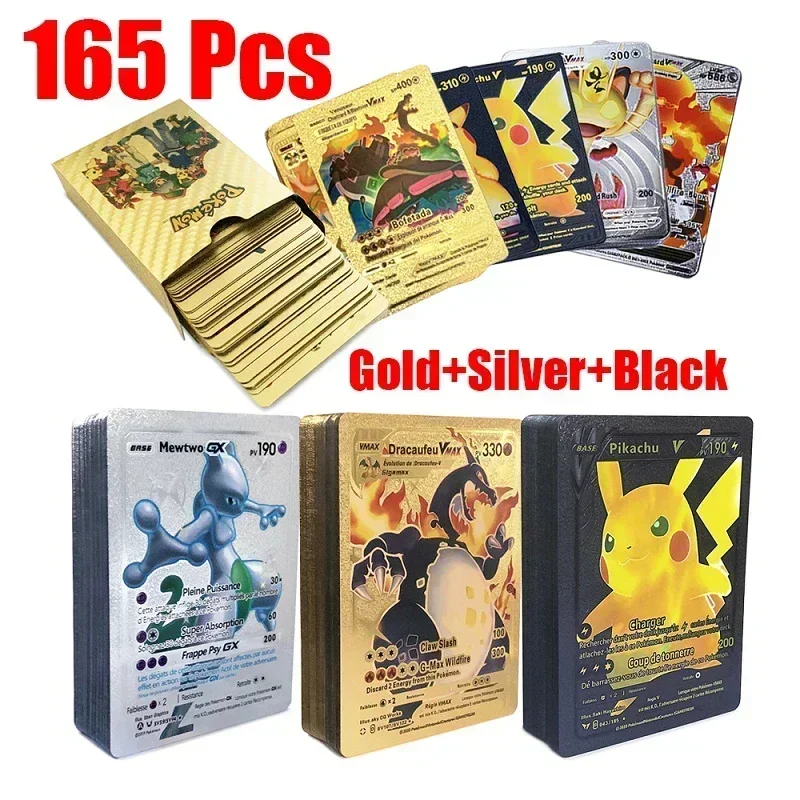 Pokemon 55pcs Game Cards English Spanish French German Pikachu Card Set Gold Silver Black Game Collector Tabletop Battle Cards