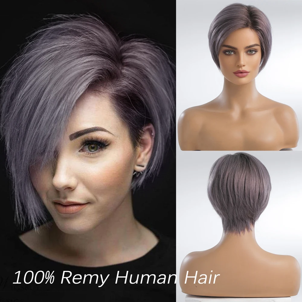 Perruque Lace Front Wig Remy naturelle, cheveux courts, violet clair, gris acier, coupe pixie, 13x5x1, avec raie latérale, pour femmes