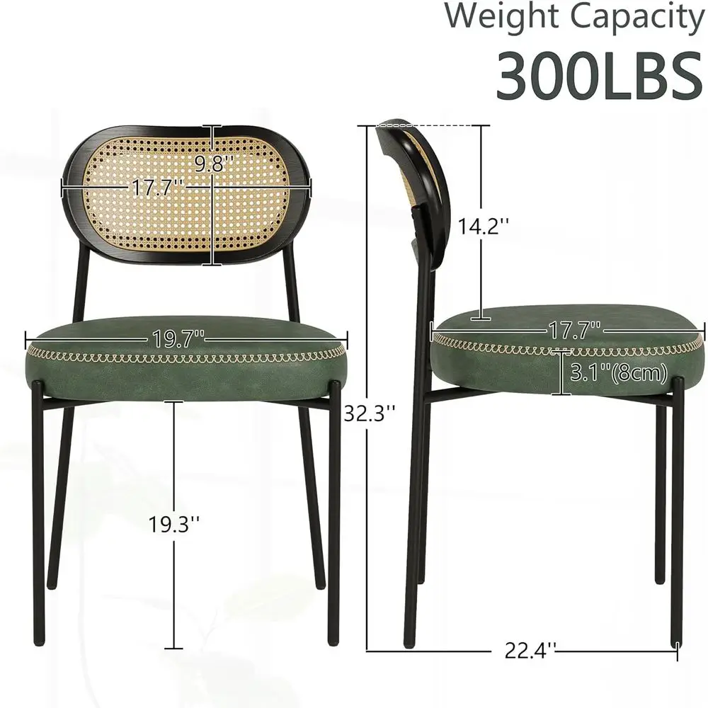Green Leather Rattan Cane Back Dining Chairs Set of 2 with Black Metal Legs and D-Shaped Cushion
