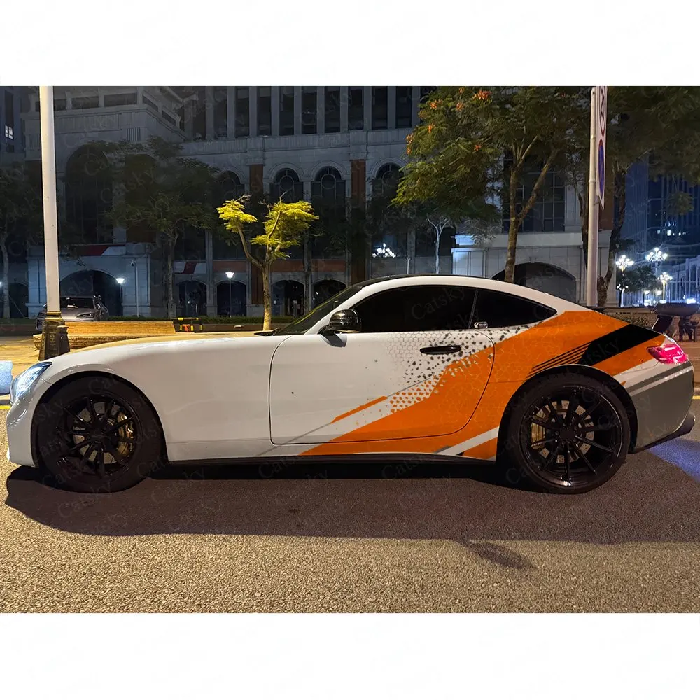 2pcs Orange Black Speed Line Honeycomb Car Side Wraps, Self-Adhesive PVC Waterproof & Scratch-Resistant Stickers, Car Accessory