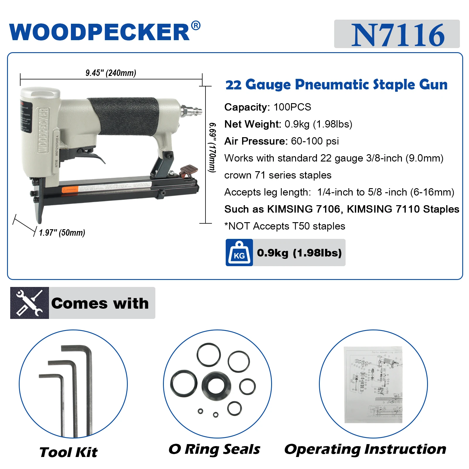 WOODPECKER N7116 22 Gauge 71 Type Pneumatic Upholstery Stapler, Fits 9.0mm Crown 6-16mm Length Staples, for Woodworking