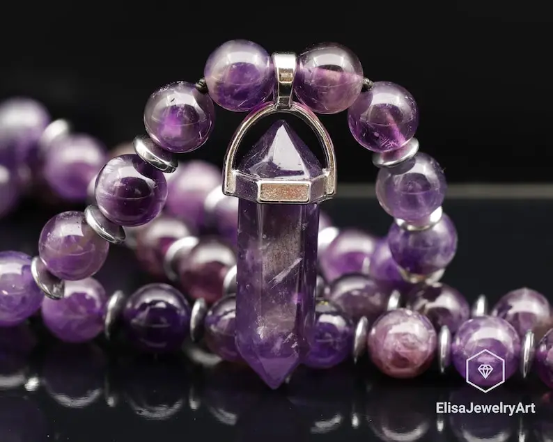 Purity Of Spirit Women's Natural Pointed Amethyst Pendant Natural Amethyst Beaded Gemstone Emotion Necklace Best Friend Unisex