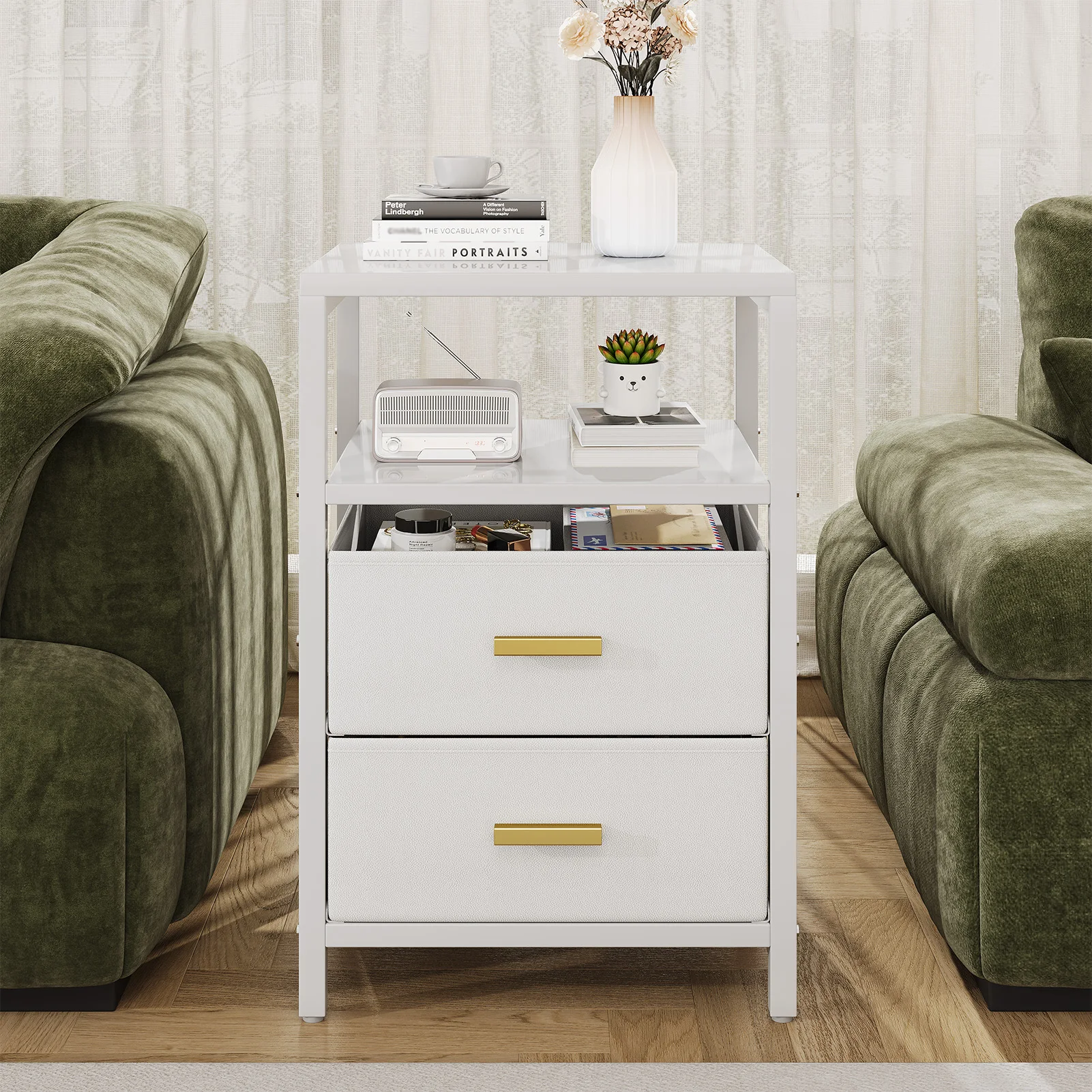

Прикроватная тумбочка из ДСП, современная, с 2 тканевыми ящиками, для спальни и гостиной, белая