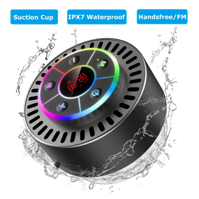 Mini Bluetooth Speaker IPX7 Waterproof Bathroom Sound Box Wireless Handsfree Audio Player with Time Display Suction Cup FM Radio