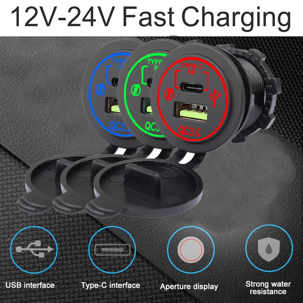 12V-24V Fast Charging PD QC3.0 Cigarette Lighter Socket Type C USB Motorcycle Car Charger PC waterproof 5V/3A,9V/3A,12V/2.5A,