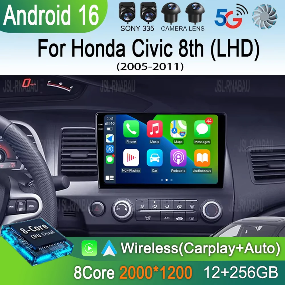 

Автомагнитола Android 16 для Honda Civic 8-го поколения (2005-2011) с мультимедиа, беспроводным CarPlay и Android Auto