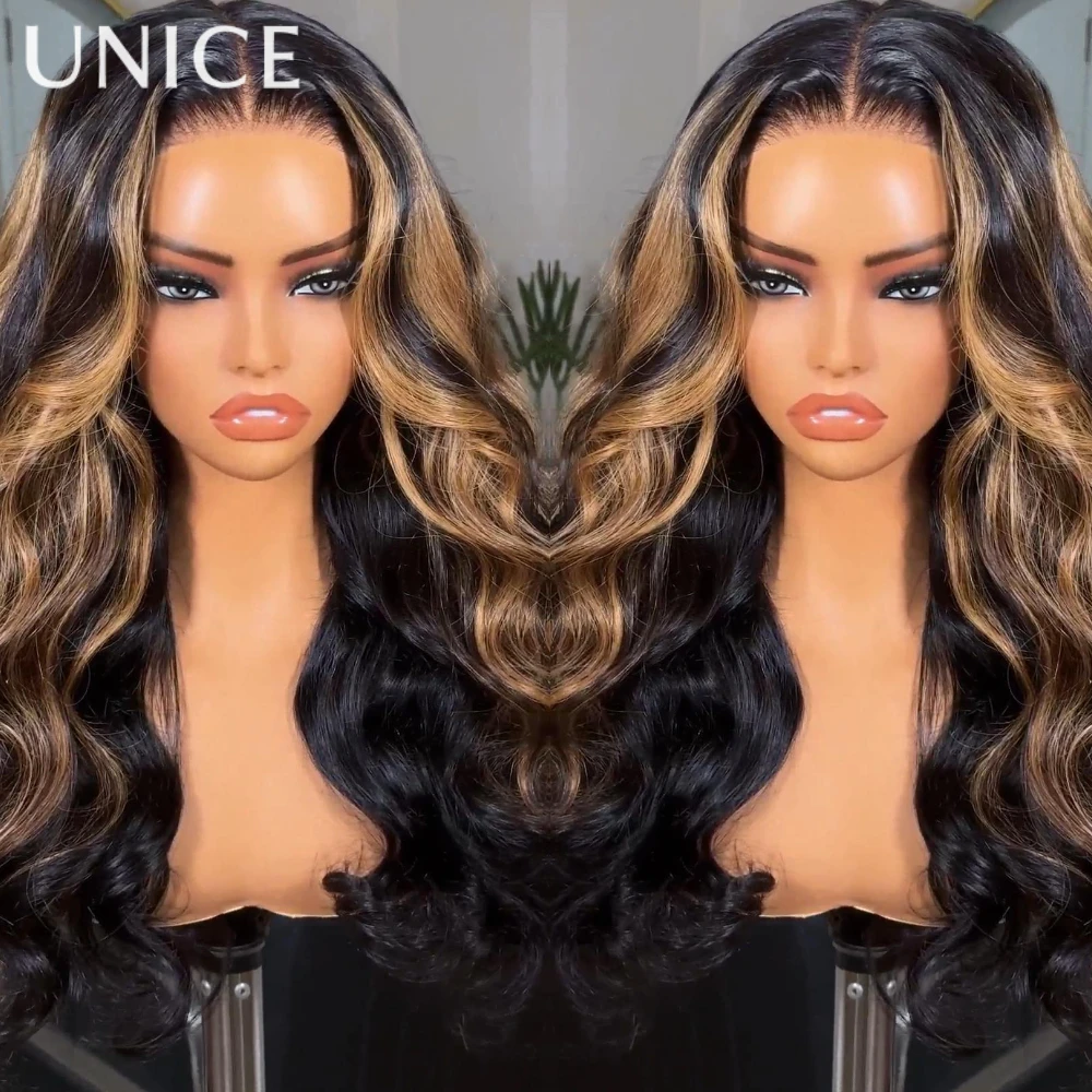 UNice Hair Bionda Caramello Evidenzia Parrucca Dell'onda Del Corpo 7x5 Pre Cut Pre Candeggiata Parrucca Glueless Capelli Umani Pronti Da Indossare Densità 150%