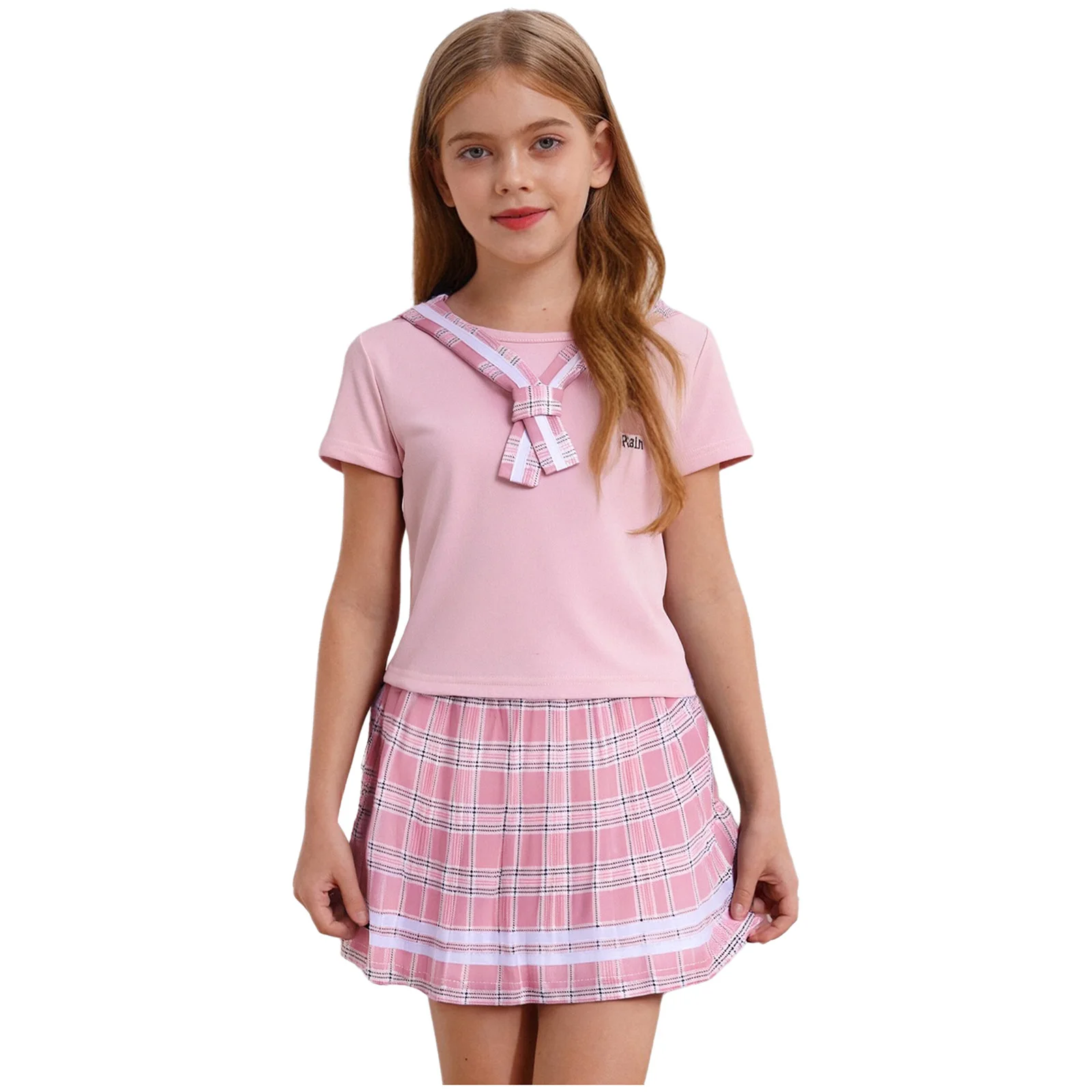 

Kids Girls 2-Piece School Outfit Uniform Sailor Collar Short Sleeve Top with Elastic Waistband Plaid Pleated Skirt Dailywear