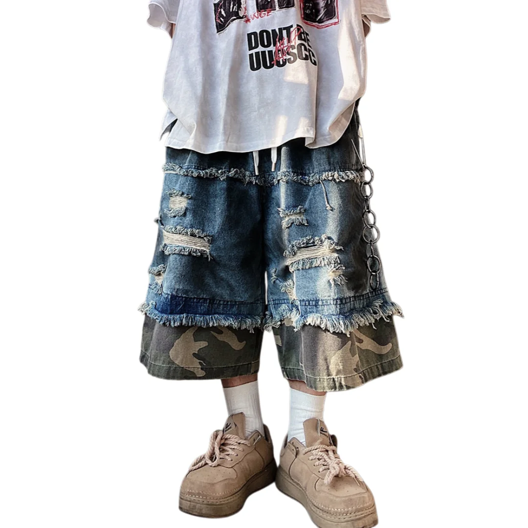 Unisex Cropped Pants Jeans 2026 New Camouflage Ripped Denim Shorts Loose Cargo Wide Leg Vintage Washed Capri & Knee Length Pants