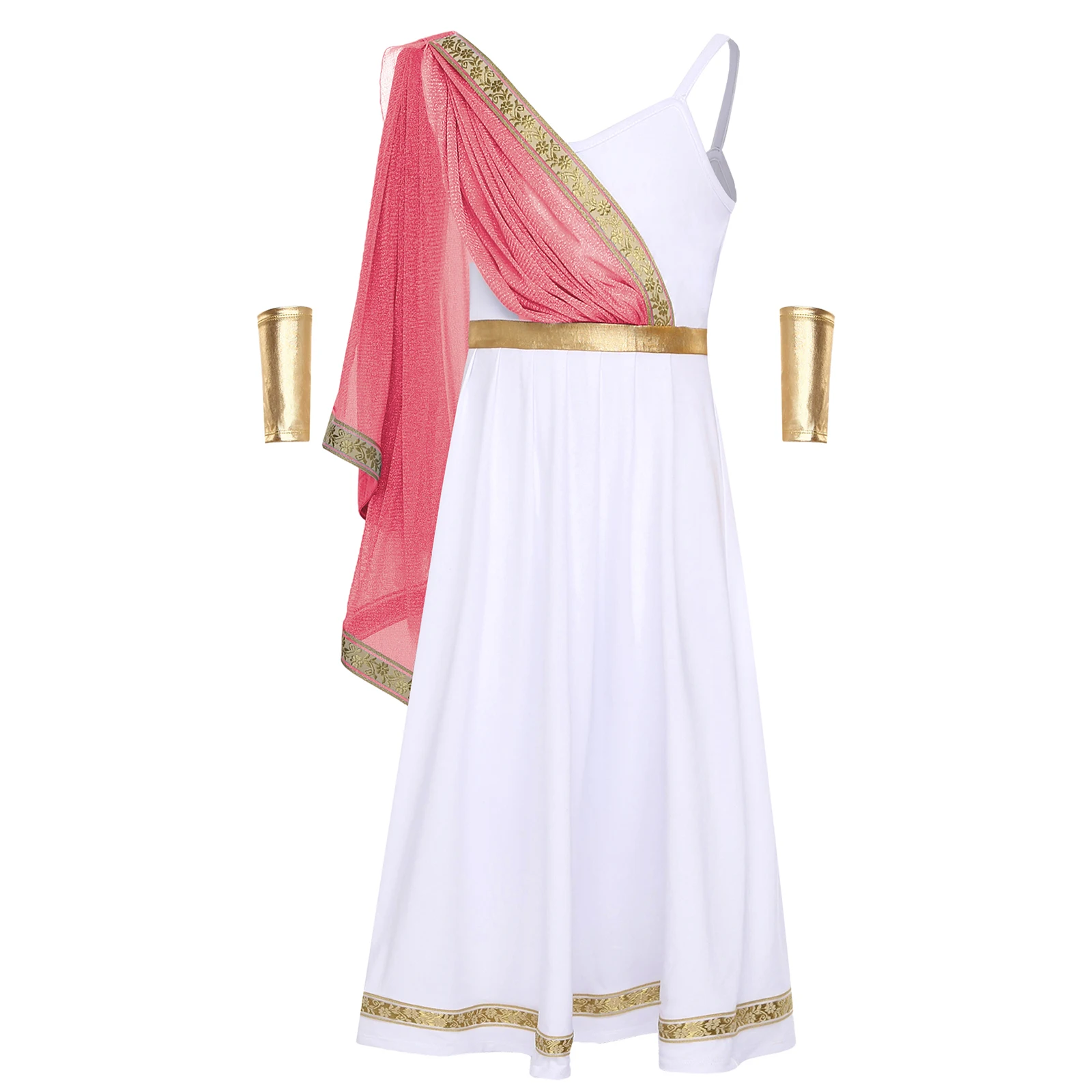 

Girls Ancient Greek Princess Dress Halloween Raves Cosplay Costume Cape Golden Embroidery High Waist Cami Dress+Arm Sleeve Set