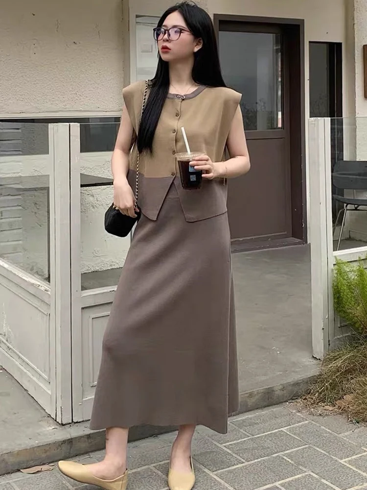 Korean Summer Fashion Splicing Contrast Knitted Two Piece Set Women Sleeveless Tops + Midi Skirts 2024 New Casual Vintage Suit