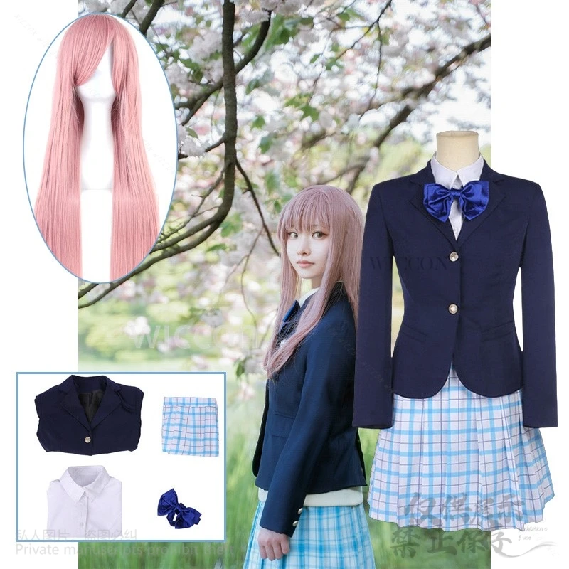 Disfraz de Shouko Nishimiya de Anime con voz silenciosa, uniforme escolar JK, falda de vestido de marinero, pelucas largas rosas para Halloween Cos