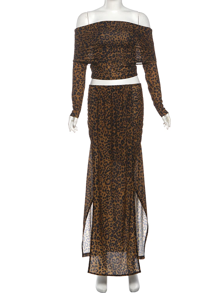 Weird Puss Sexy Leopard 2-Piece Set Women Slash Neck Turn-Down Collar Crop Top+Ruched Peach Hip Ribbon Skirt Hottie Clubwear