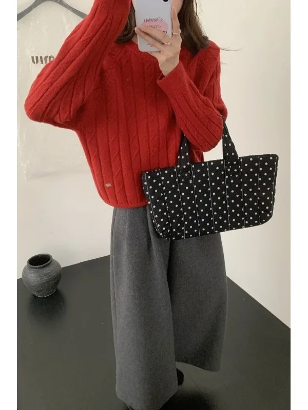 Lazin Knitted Sweater round Ne Loose Top ort Sle Autumn Winter Warm Thiened Knitting Wool Blend Commute Sle