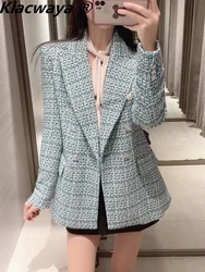 Klacwaya Tweed Blazer Women Spring Jacket 2022 Office Wear Women Checked Jackets Casual Blazers Coat