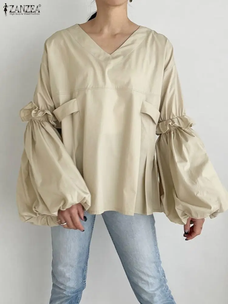 

ZANZEA Women Blouse 2025 Fashion Autumn Long Lantern Sleeve Pleated Tunic Tops V-neck Elegant Office Work Shirts Ruffled Blusas