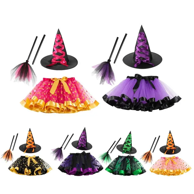 Halloween Witch Costumes Tulle Skirt Halloween Dress with Witch Hat Witch Broom Prop and Halloween Tutu Skirt 3pcs Set for party