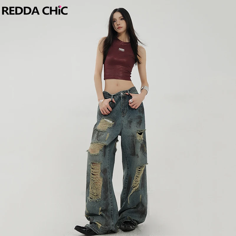 

ReddaChic Vintage Ripped Holes Women Baggy Jeans Graffiti Distressed High Waist Casual Wide Leg Pants Hiphop Harajuku Streetwear