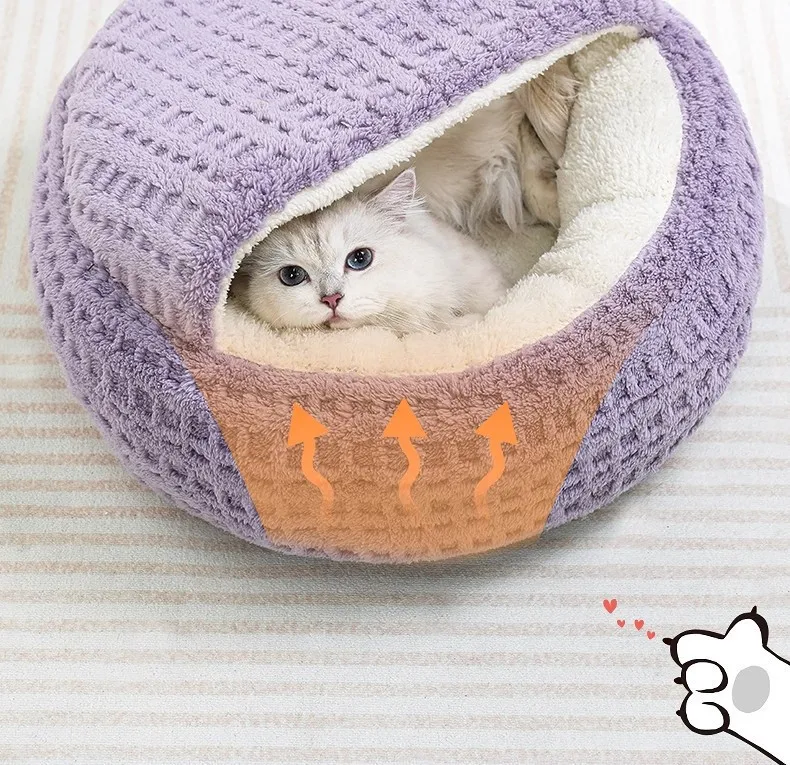 Rundes Katzennest aus Plüsch, Verdicktes Warmes Haustierbett, Waschbar, Rutschfester Boden, Hundesofa, Weiches Halbgeschlossenes Schlafnest, Haustierzubehör – Detail 9
