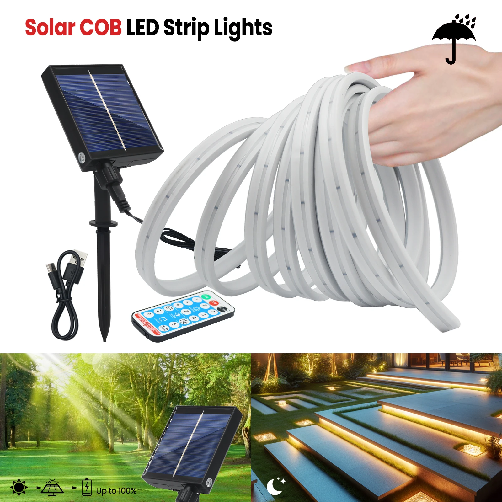 Solar Neon Light 12V 2835 120Leds/m IP67 Waterproof Neon LED Strip Solar Lamp Dimmable Remote Control Outdoor Garden Decoration