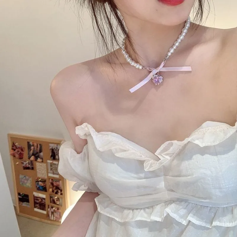 Balletcore Sparkling Heart Bow Pearl Necklace for Women Unique Choker with Crystal Accents  Elegant Collar Accessory Kawaii Gift