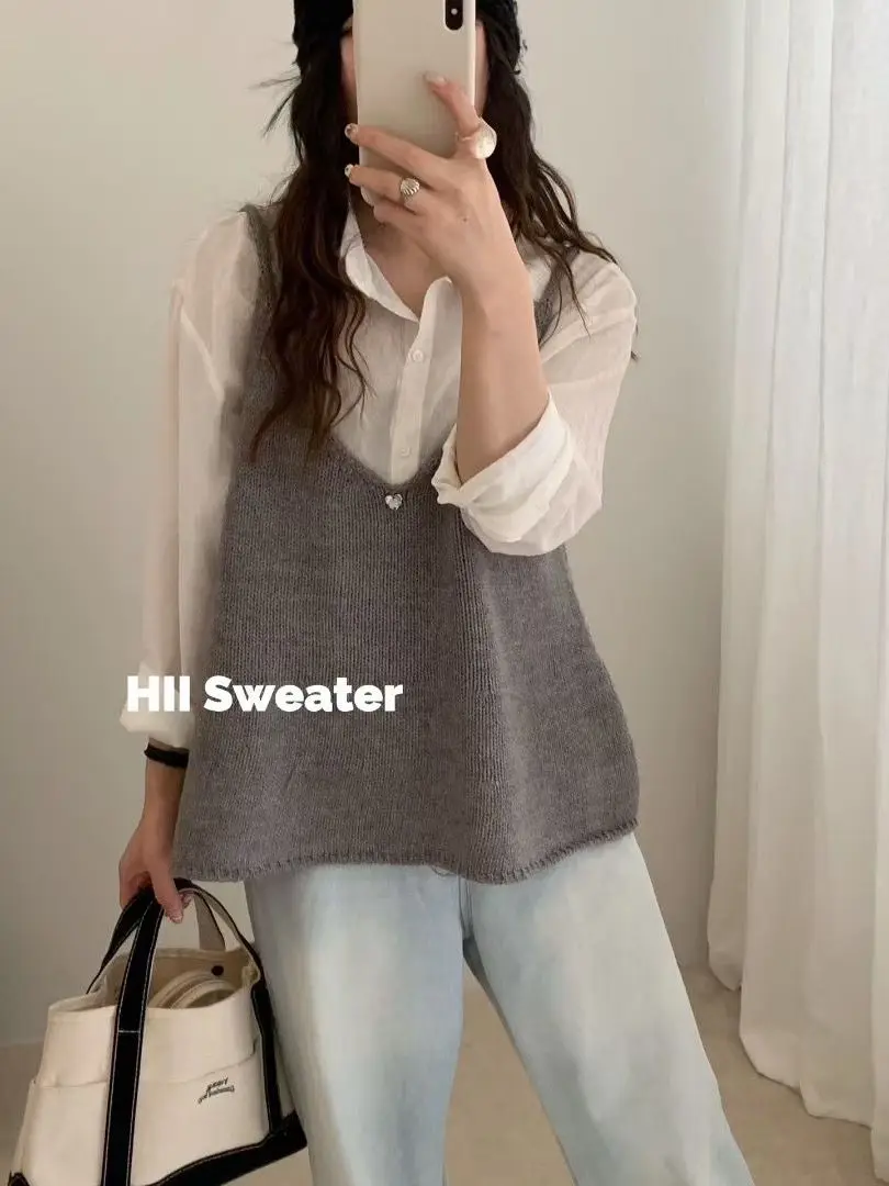 Coreano Faion V-Ne Colete de alça de malha com botão único frontal Ba em dois sentidos regata de lã solta para mulheres