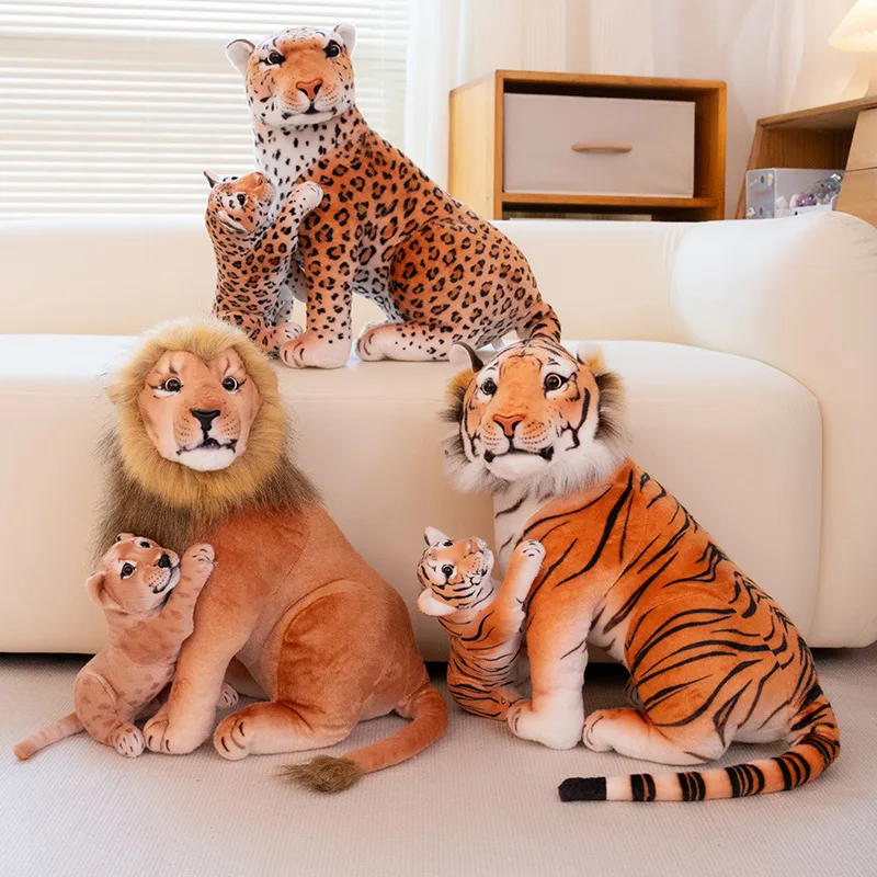 Simulation Wild Animal Mother And Baby Series Plush Toys Stuffed Fluffy Tiger Lion Leopard Doll With Baby Funny Cute Home Decor