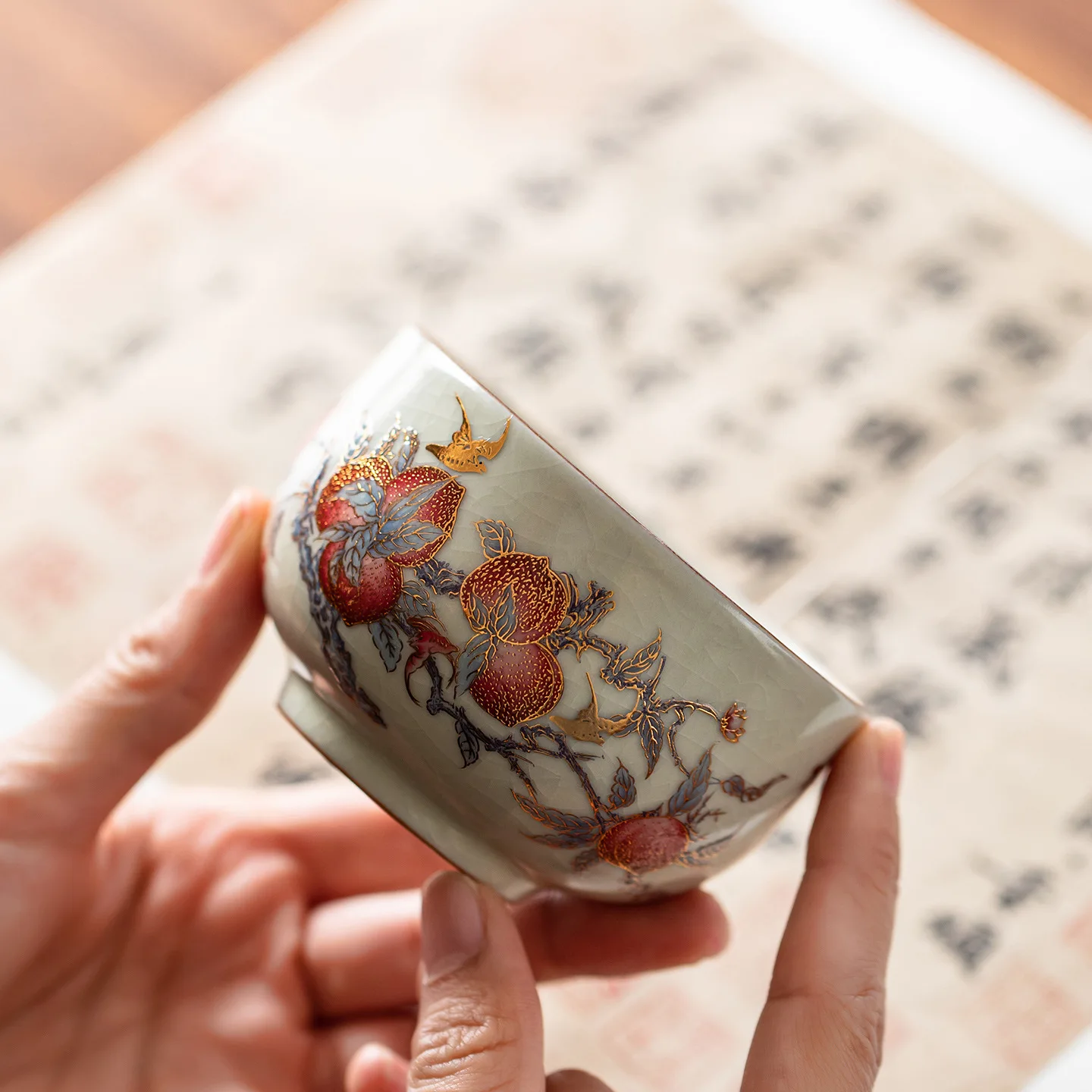 Ru Kiln Famille Rose Nine Peaches Five Blessings Master Tea Cup Single Kung Fu Tasting Cup Home Office Gift