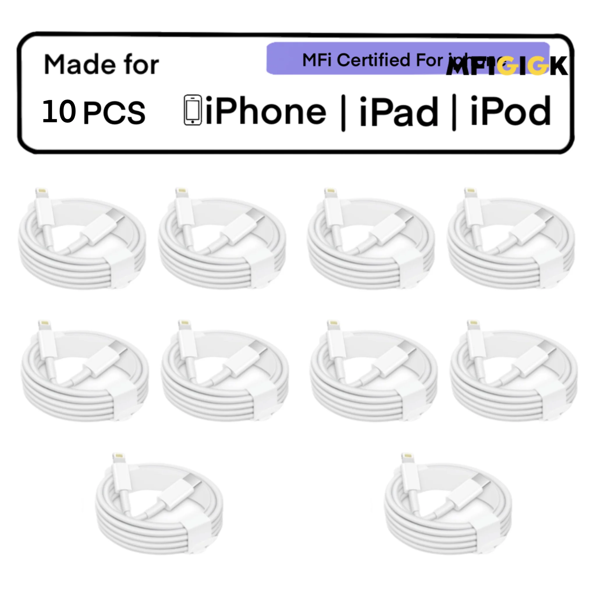 

MFIGlGK 10 упаковок кабеля USB-C к Lightning для iPhone 14131211ProMaxXRXS 876PlusSE Mini с