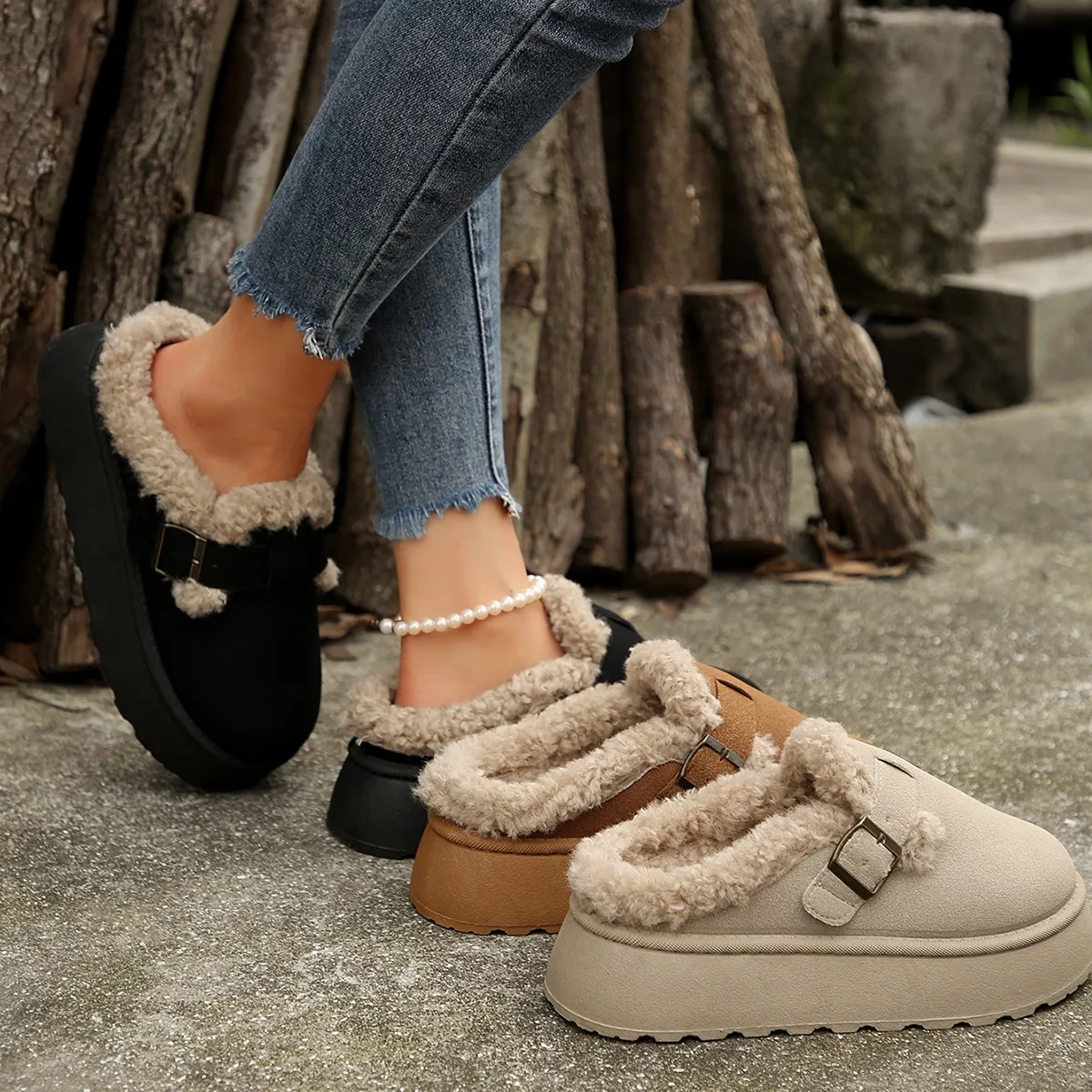 2024 New Luxury Winter women's Plush Fashion Retro Bean Shoes Cotton pantofole con suola piatta da donna Platform Zapatillas De Mujer