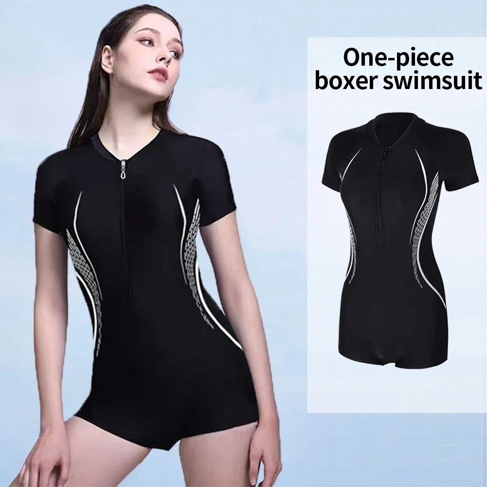 New Short Sleeve Swimsuit Women One Piece Flat Corner Surf Bodysuit Zipper Conservative Hide Swimwear Girl Bath Swimming Wear