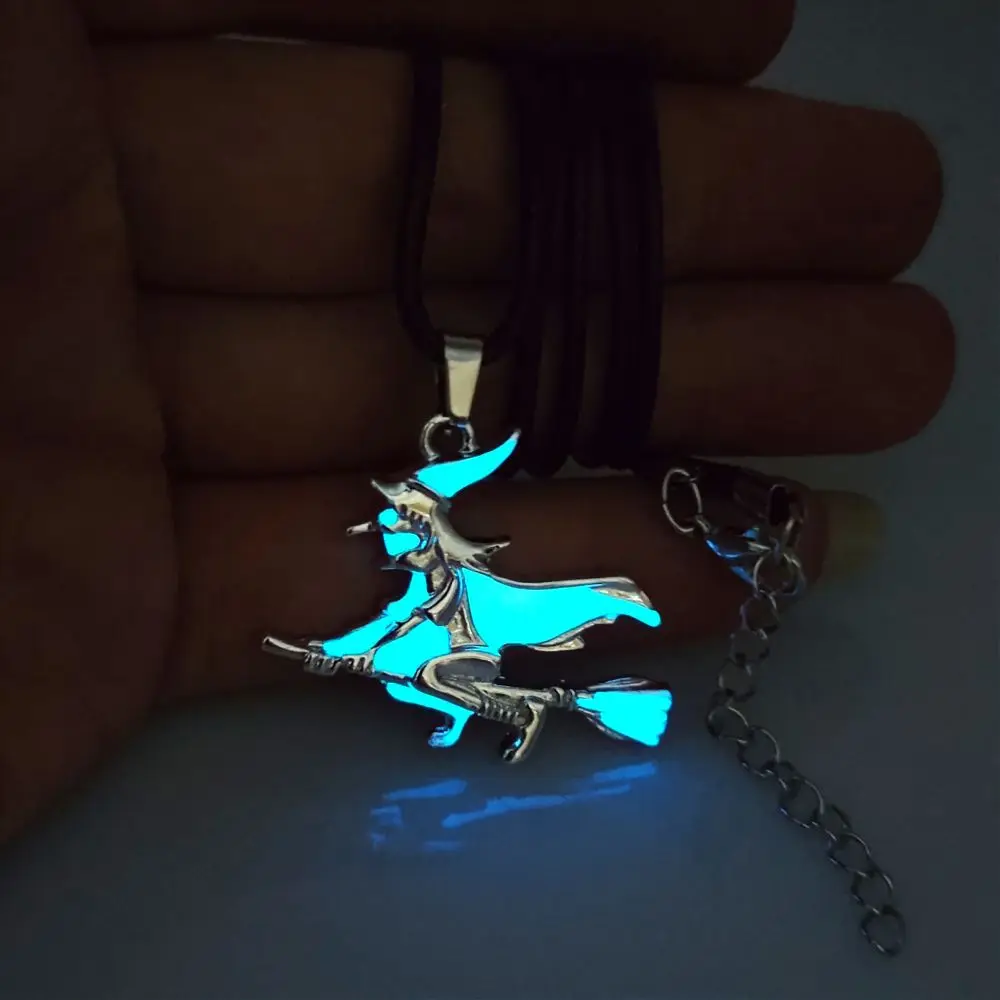 Halloween Dark Gothic Witch Broom Glowing Pendant Clown Broomstick Luminous Necklace