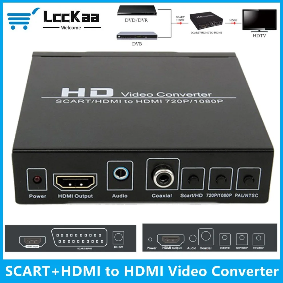 Konwerter 1080P SCART zgodny z HDMI na kompatybilny z HDMI Cyfrowe wideo wysokiej rozdzielczości z adapterem wtyczki zasilania UE/USA do telewizora