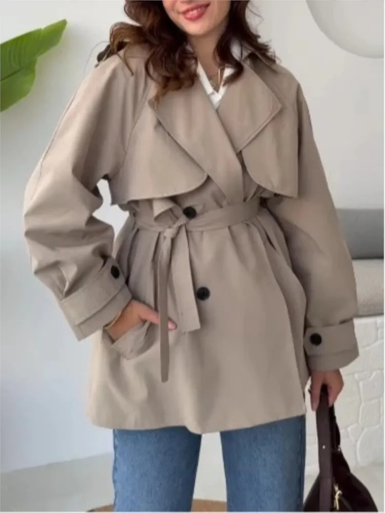 Women's Solid Color Casual Pocket Coat Fashionable Button Lace Up Windproof  Warm Female Short Windbreaker Jacket 2025