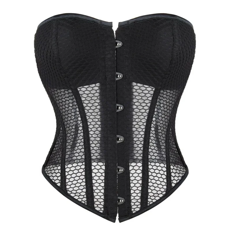 Women Lace Up Sexy Transparent Mesh Boned Corset Overbust Bustier Lingerie Bodyshaper Top Corsets Top