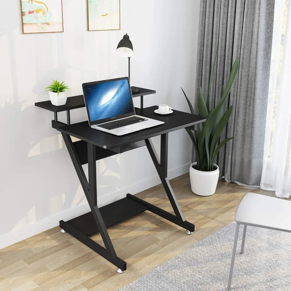Computer Desk for Small Spaces,  Small Computer Desk, 3 Tier Compact Desk with Monitor Shelf and Bottom Storage Shelves