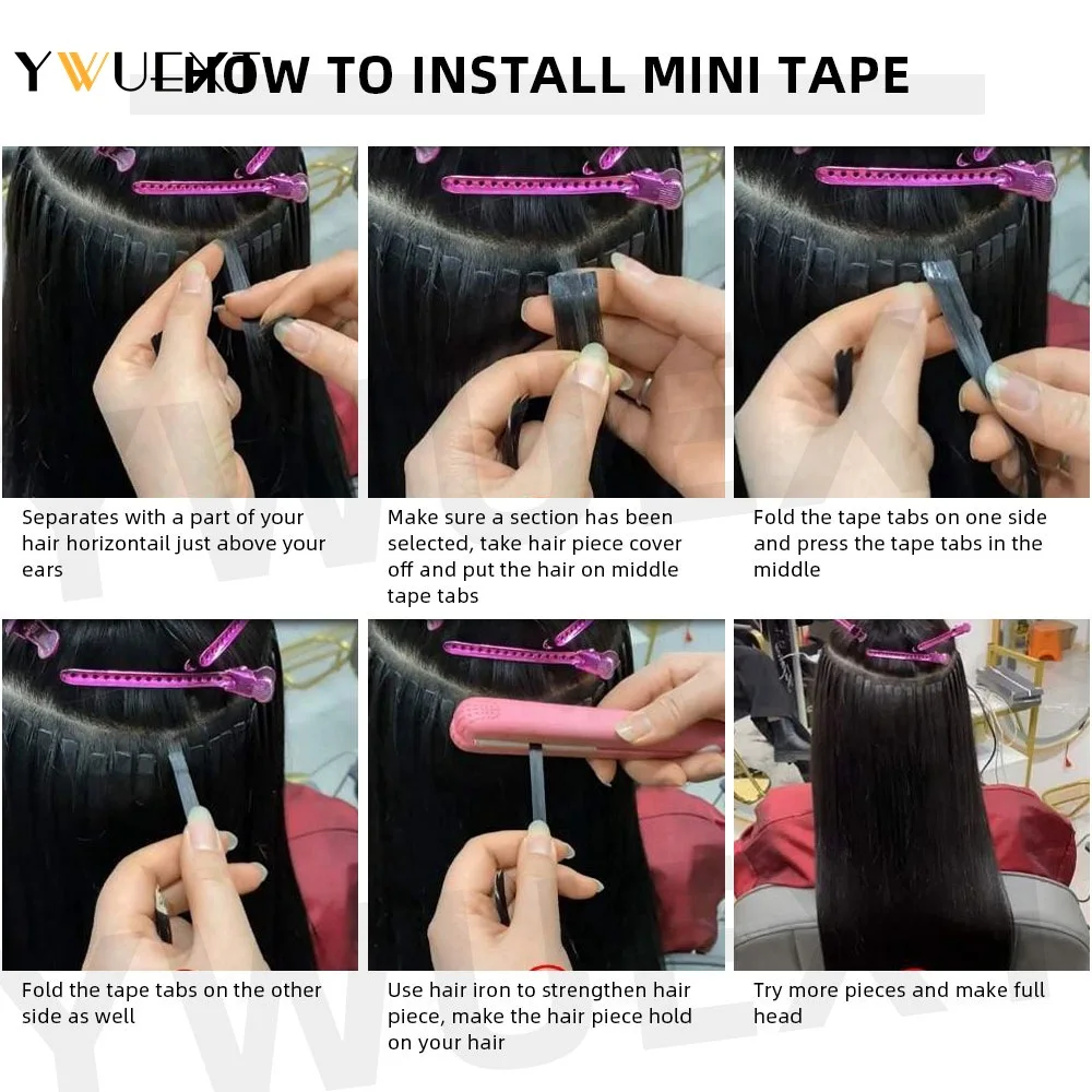 YWUEXT Tape-in-Haarverlängerungen, glatt, 30,5–61 cm, Mini-Band, Echthaar, natürliches Schwarz, maschinelles Remy-Haar, 10 Stück, nahtloses Haar