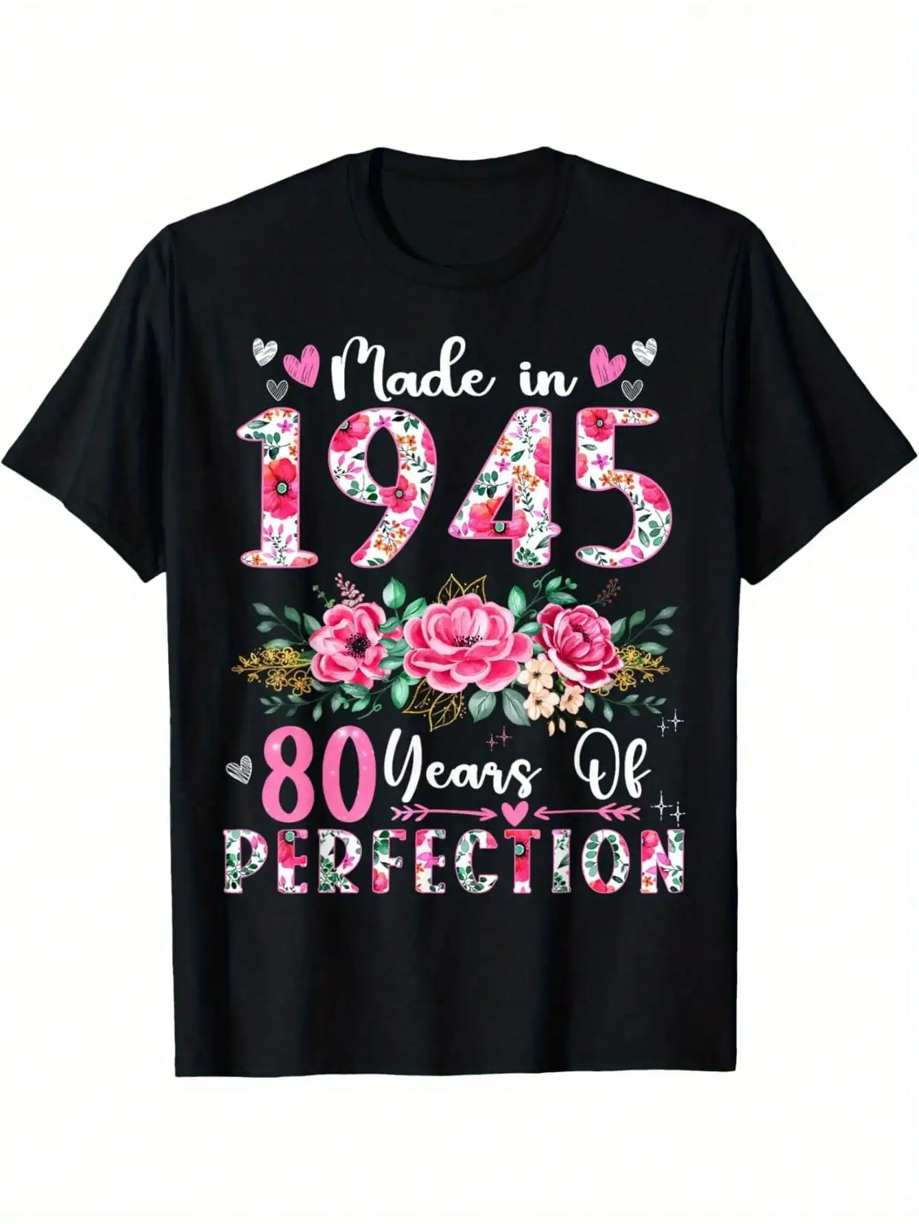 

80th Birthday Women's T-Shirt Vintage 1945 Floral Print Loose Fit Casual Tee - Machine Washable 80 Year Old Celebration Gift