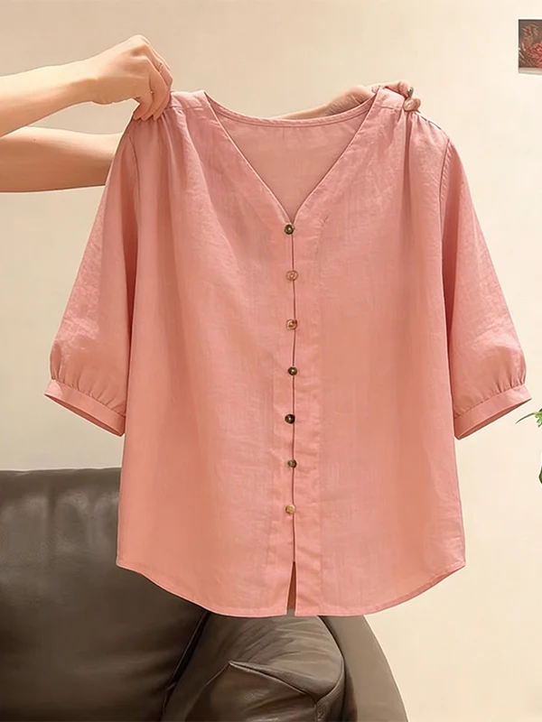 

plus Size Summer New V-Neck Shirt Women's Color Loose Slimming Fashionable Casual Top Korean Style Lantern Sleeve