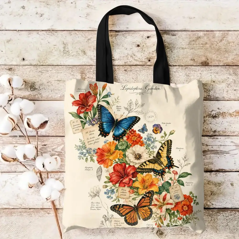 Botanical Floral Butterfly Storage Bags Canvas Tote Bag Women Large Capacity Reusable Shopping Shoulder Bag Daily Handbag
