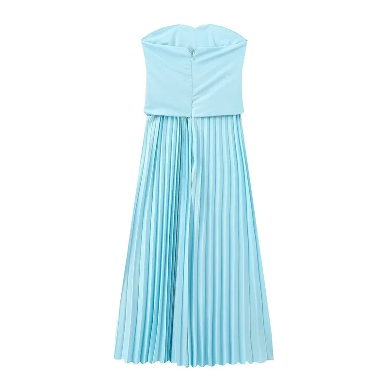 Elegant Blue Off Shoulder Pleated Dress For Women Sleeveless Backless A Line Dresses 2024 Spring New Female Vacation Party Robes