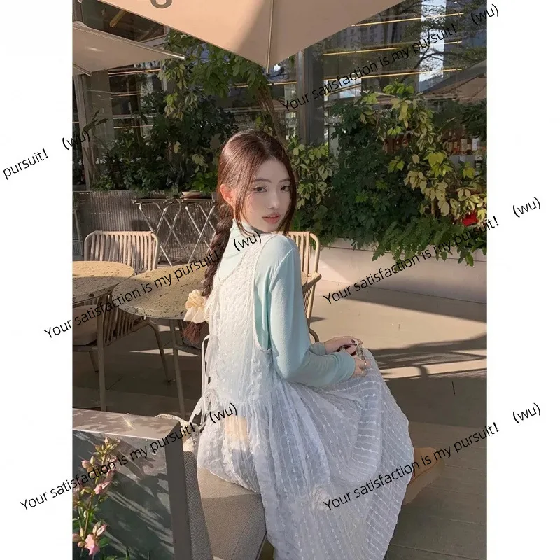 Renda branca ligeiramente transparente arco cinta vestido feminino início da primavera férias à beira-mar vento suspender saia solta saia longa