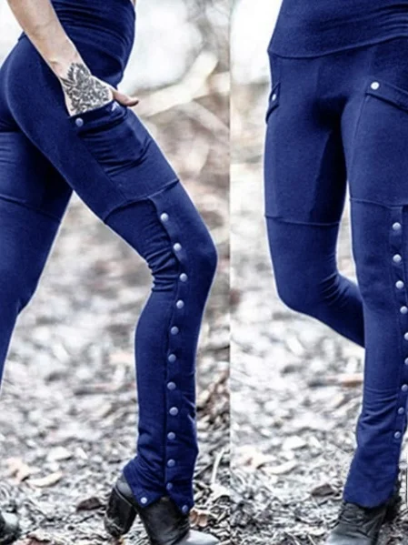 Stylish Ladies' Rivet Split Sexy Design Slim Fit Elastic Pocket Decorative Pencil Pants High Waist Cotton Polyester Blend