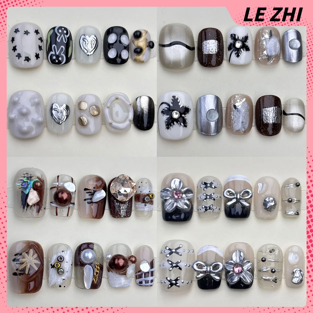 

Handmade Light Luxury Silver Flowers Bowknot Handmade Nail Party Stickers Pearls Hand-Drawn Design Gradients Press On Nails Gift