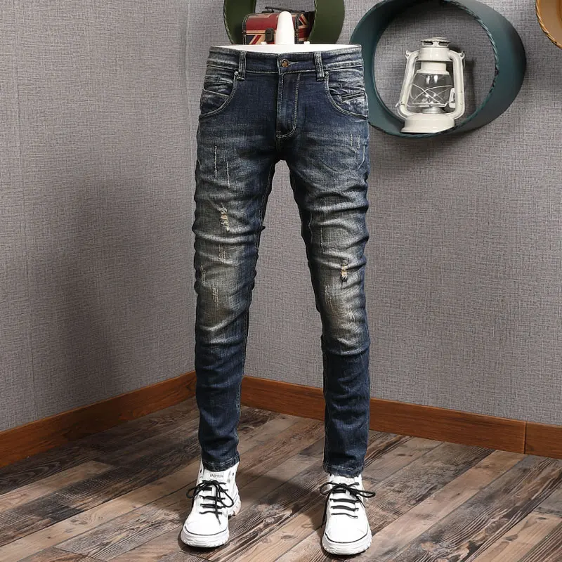Fashion Designer Men Jeans Retro Black Blue Stretch Slim Fit Spliced Ripped Jeans Men High Quality Vintage Denim Pants Hombre