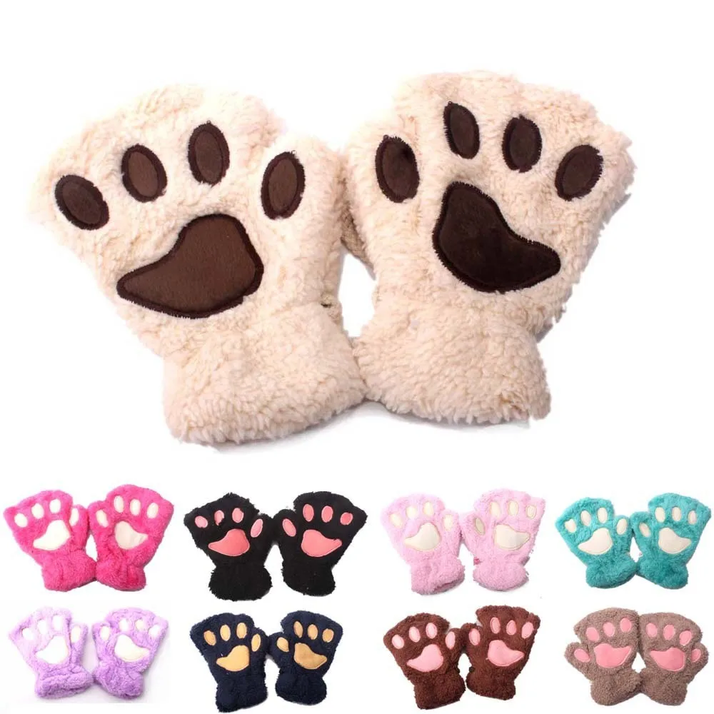 Kids Cute Cat Claw Paw Plush Mittens Warm Soft Plush Short Fingerless Fluffy Bear Cat Gloves Costume Half Finger