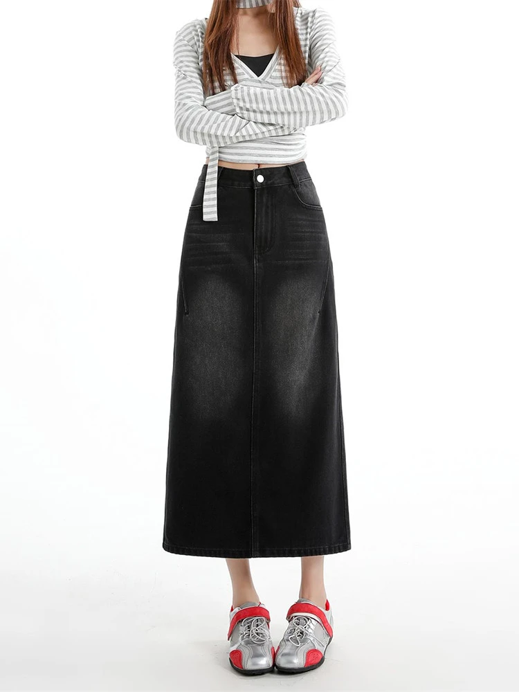 FINEWORDS Summer Women's High Waisted Black Skirt A Line Denim Long Skirts Casual Loose Streetwear Vintage Beach Skirt