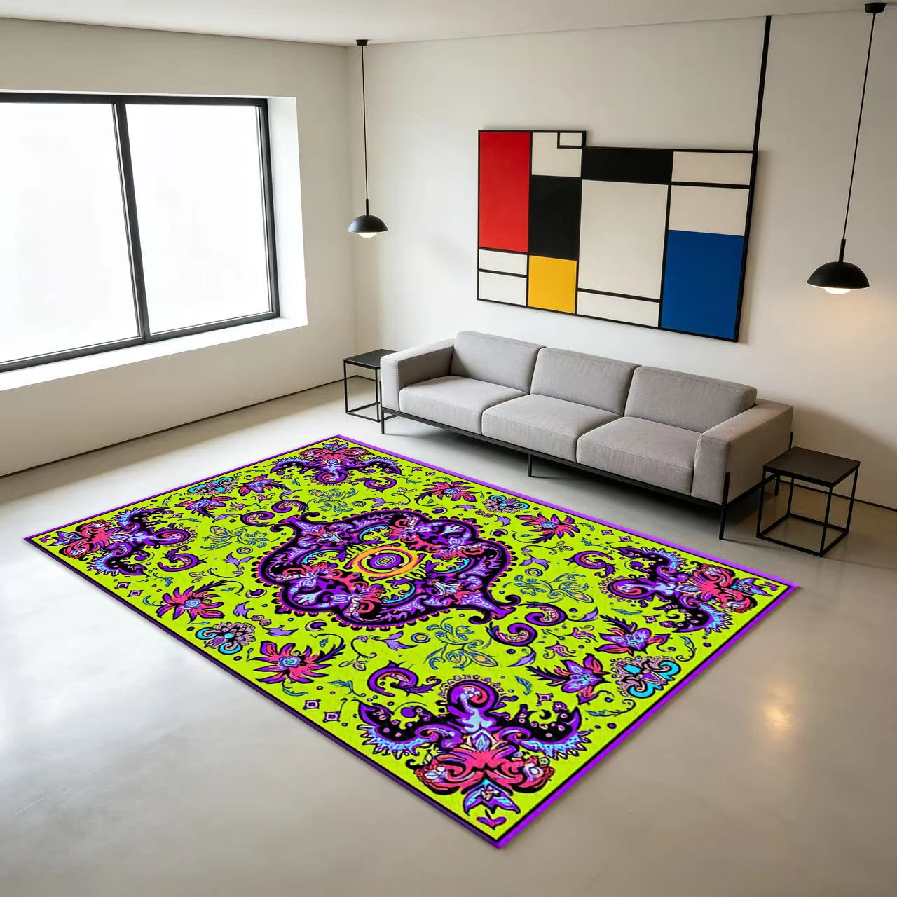 Bright Green and Purple Bohemian Mandala Carpet with Floral Pattern, Exotic Ethnic Print Carpet, Non-Slip Floor Mat Suitable for Home Room Decoration