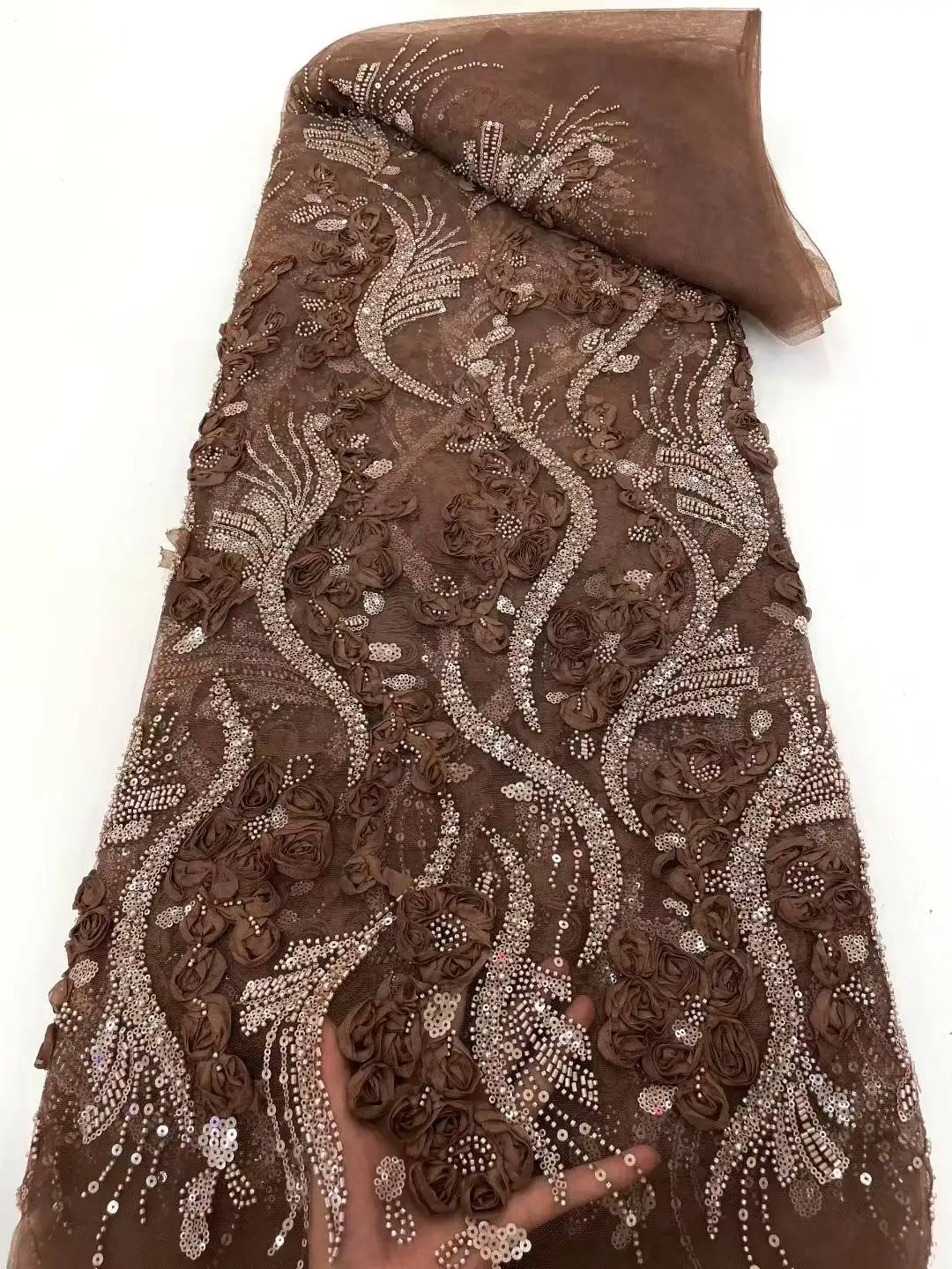 

5Y/Hot selling French Beads sequin fabric high-quality new design 2025 embroidery mesh lace 3D flower bead wedding dress
