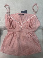 Pink Plaid Back Lace-up Camisole Summer Women New Sexy Cotton Button Lace Trim Slim Tank Tops Vintage Sweet Chic Vests Y2K OOTD